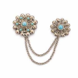 Vintage Turquoise Cabochon Sweater Guard Double Brooch Chain Silver Tone